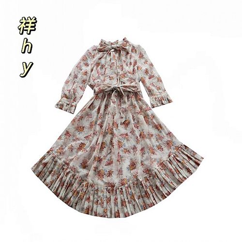 碎花连衣裙薄透女长袖高领