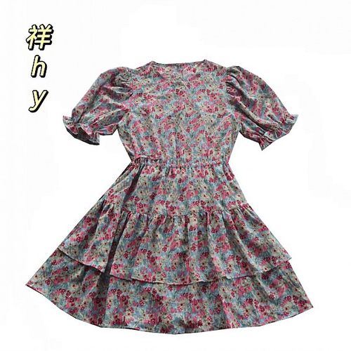 法式田园风泡泡袖碎花连衣裙女