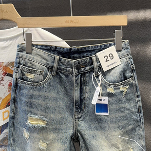 大破洞牛仔短裤男潮牌漏洞乞丐宽松直筒五分中裤夏季破烂半腿裤子