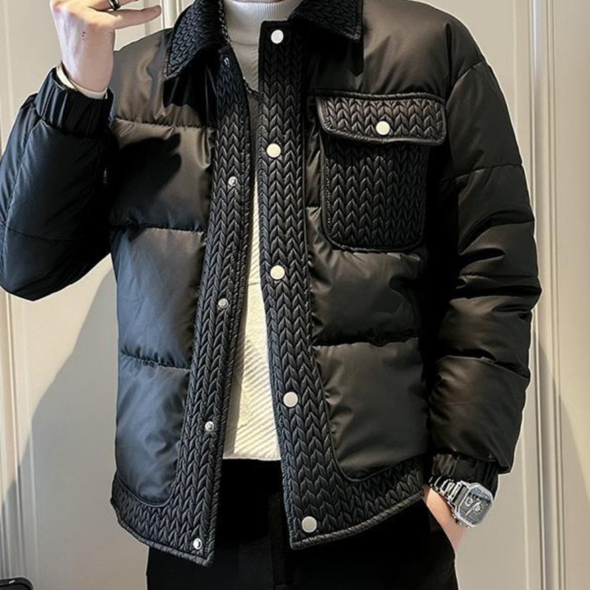 高级感羽绒棉服2025冬季痞帅炸街棉衣男款假两件修身潮流棉袄外套