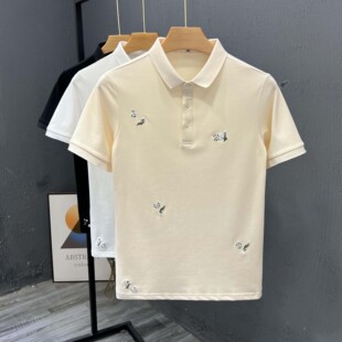 时尚 百搭半截袖 T恤上衣男士 夏季 t恤衫 小花刺绣翻领polo衫 短袖 新款