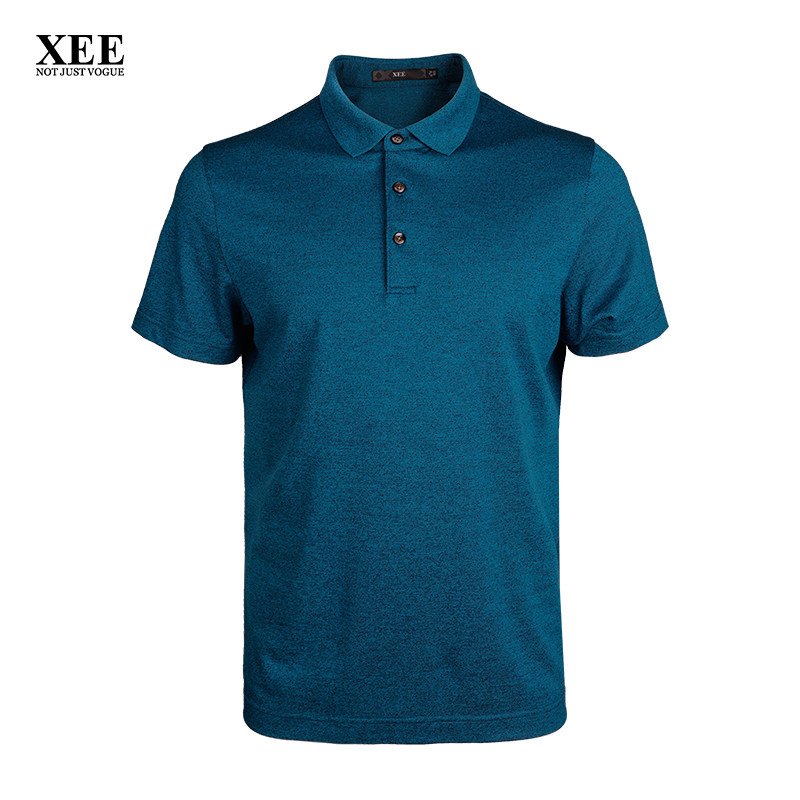 xee商场同款 夏新款高品质丝棉混纺青色t恤 青色翻领polo衫
