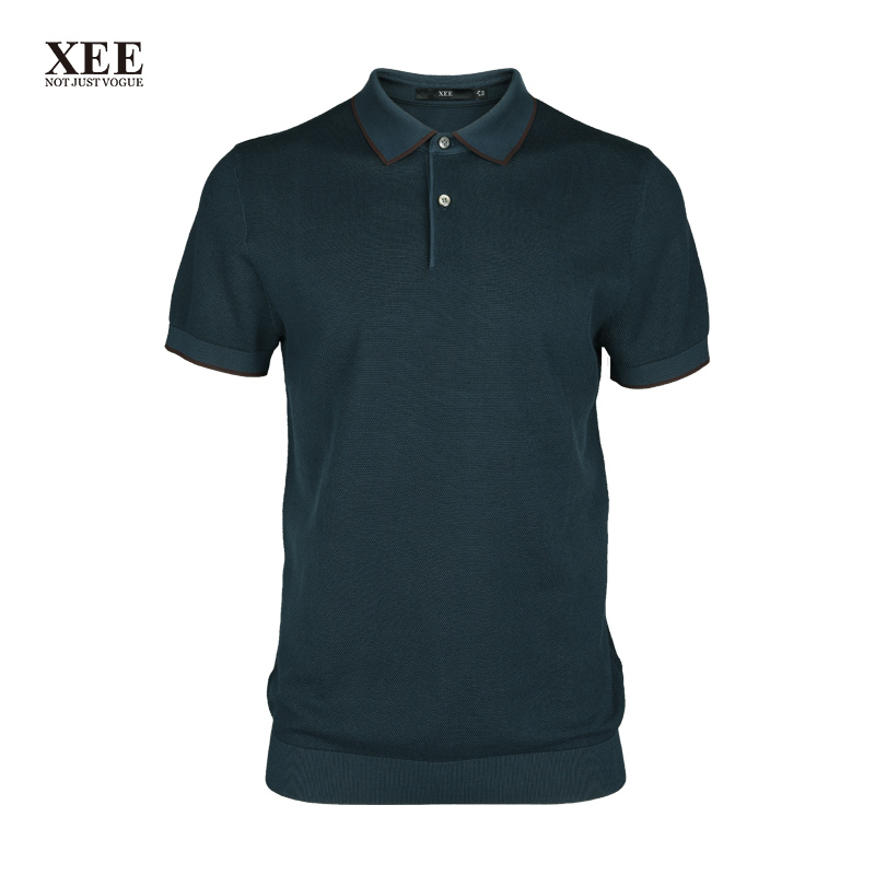 xee商场同款 男士夏季暗蓝绿长绒棉菠萝针织法商务休闲短袖polo衫