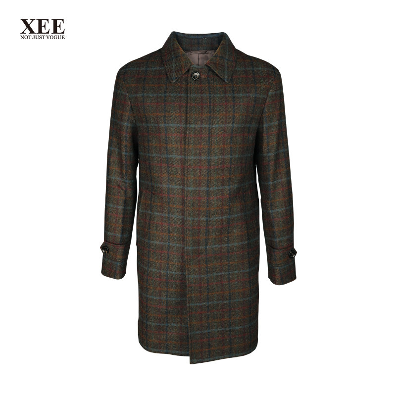 xee商场同款 男士咖蓝格子英国进口moon粗纺面料绵羊毛中长款大衣