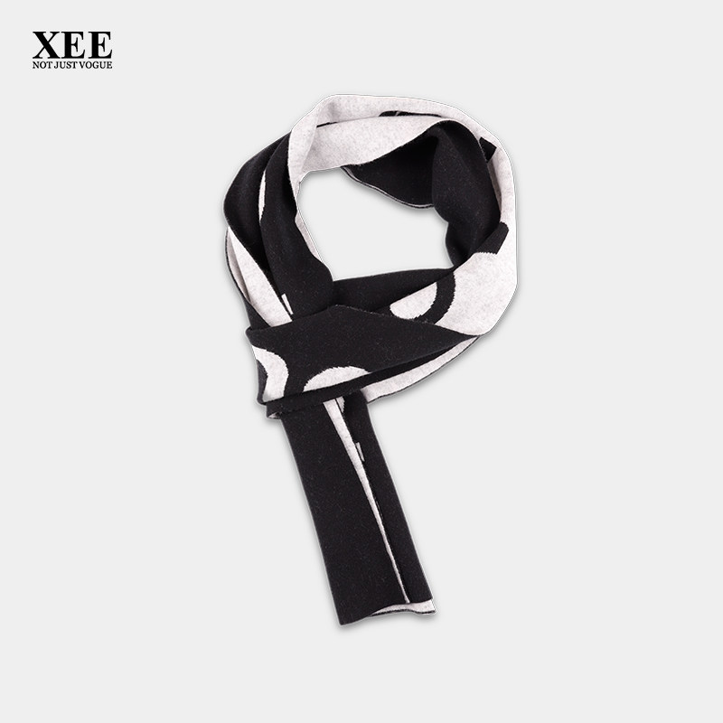 xee商场同款 冬季新款黑白字母刺绣花纹羊毛绒围巾男女款围脖
