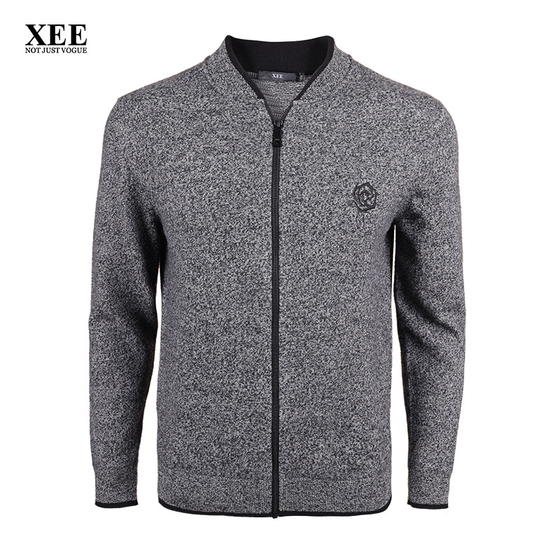 xee商场同款 秋冬新款男士灰色玫瑰刺绣拉链绵羊毛衫开衫柔软毛衣