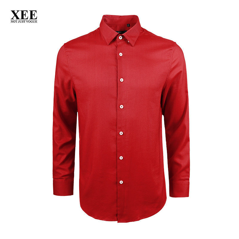 xee商场同款 红色暗扣领修身长袖衬衫 喜庆时尚衬衣男上衣秋