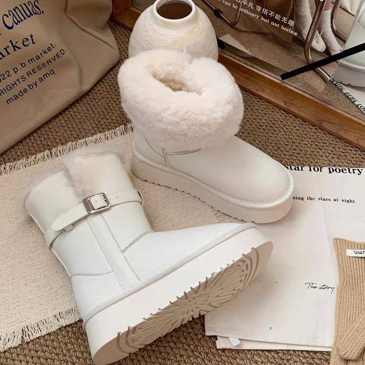 【小乐专享】靴子皮带扣加绒短靴缝制防水中筒棉鞋时尚纯白雪地靴,女鞋,时尚雪地靴,淘宝优惠券,粉丝福利购,淘宝优惠卷