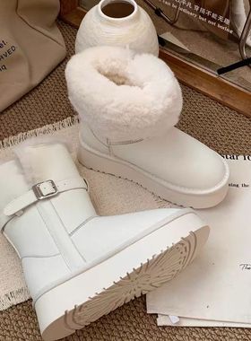 【小乐专享】靴子皮带扣加绒短靴缝制防水中筒棉鞋时尚纯白雪地靴