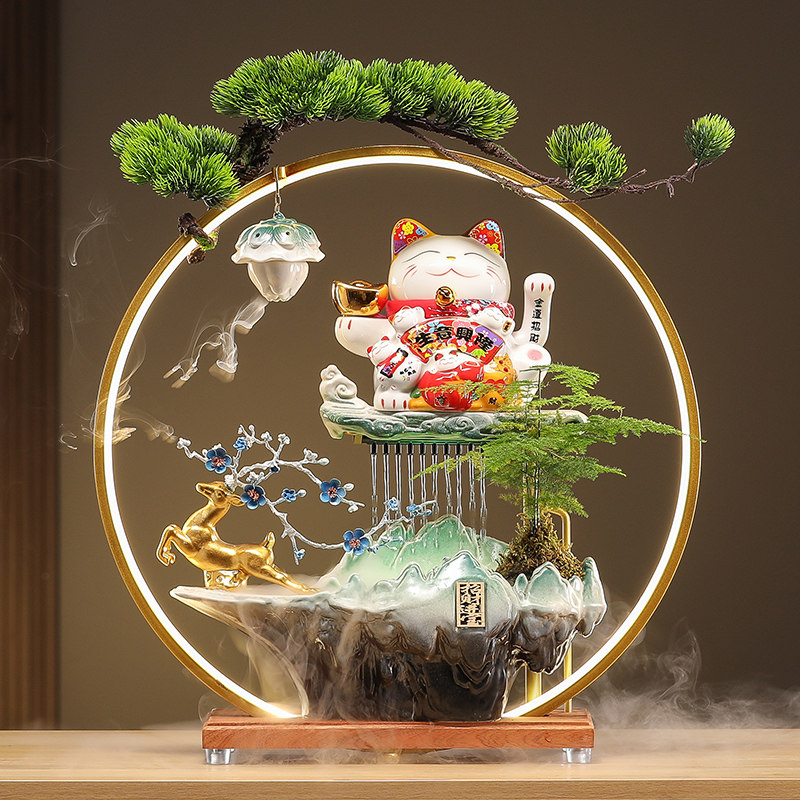 流水生财摆件家居客厅办公室桌面现代中式陶瓷招财猫装饰开 业礼