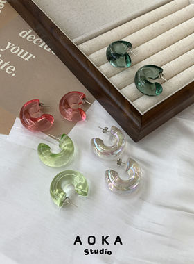 多巴胺女孩炫彩透珠光树脂半c型大耳圈耳钉新潮耳环甜酷辣妹个性