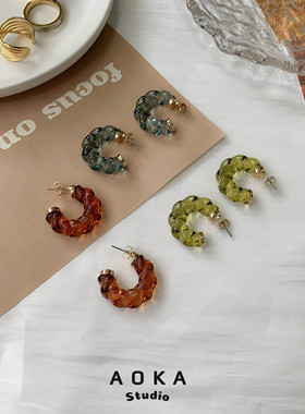 福利款清透靓丽~ins欧美极简小众透色透明树脂C几何麻花耳环耳钉