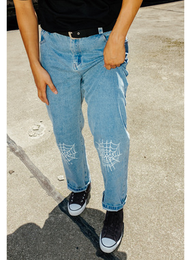 SAVAGE街头滑板品牌蛛网 刺绣牛仔裤 蓝色