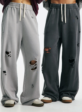 430G重磅纯棉毛圈 痞帅风 破坏破洞炒雪花水洗做旧宽松阔腿休闲裤