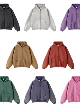 360G加绒 美式街头男女情侣基础款 水洗做旧蜡染双拉链头连帽卫衣