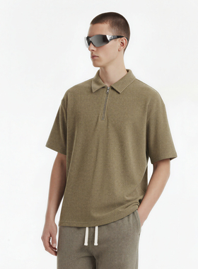 325G华夫格面料 老钱风 水洗做旧蜡染半拉链翻领宽松短袖T恤