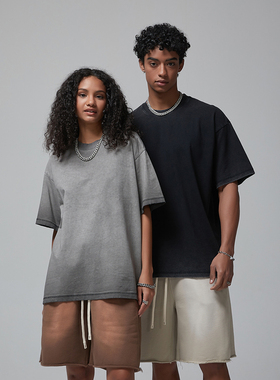 复古美式街头 275G反面炒色做旧磨边 废土宽松短袖t恤