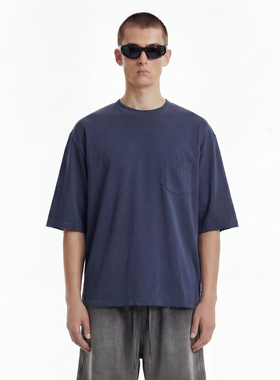 215G纯棉面料 水洗磨边破坏 男女同款纯色宽松五分袖口袋短袖T恤