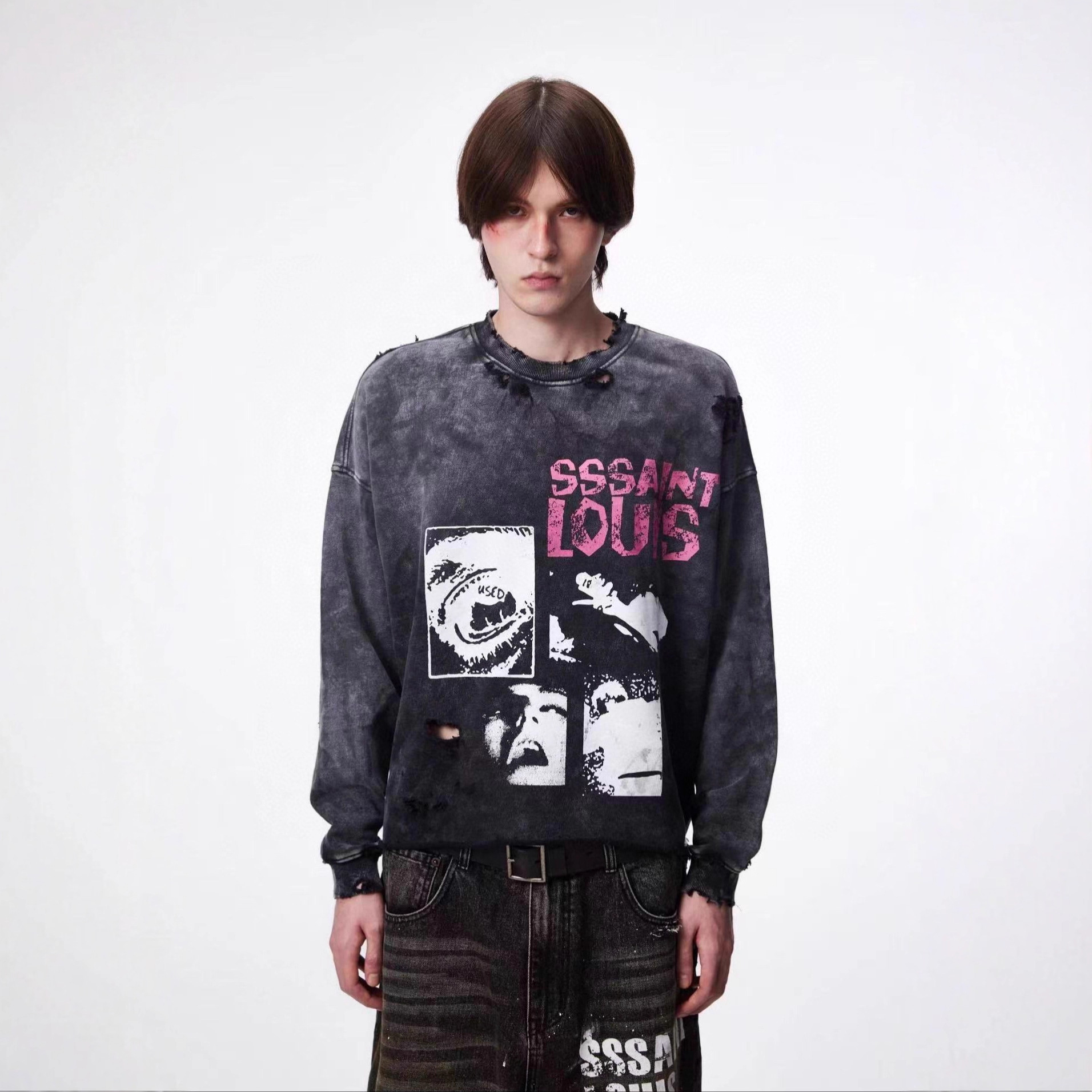 SSSAINT LOUIS 25SS黑色倒置标语做旧卫衣美式高街logo抽象喷绘潮
