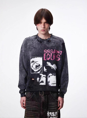 SSSAINT LOUIS 25SS黑色倒置标语做旧卫衣美式高街logo抽象喷绘潮