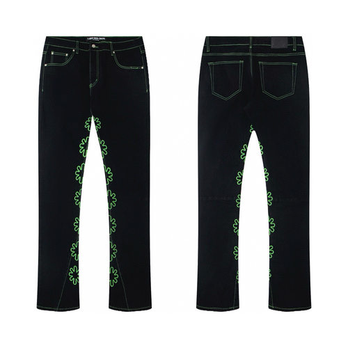 LOSTSHDWS JEANS 太阳花朵重工镂空刺绣美式高街拼接微喇牛仔裤潮