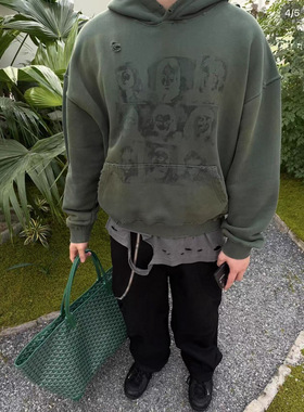 FARFROMWHAT FW25胸前印花图案破洞复古连帽卫衣男女同款美式高街