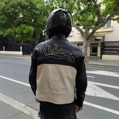 美式riders复古机车服外套男女潮牌潮流撞色拼接立领飞行夹克皮衣