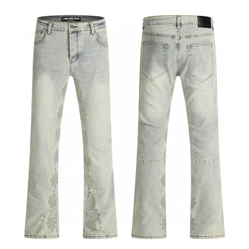 美潮LOSTSHDWS JEANS太阳花重工烫钻美式高街水洗微喇牛仔裤
