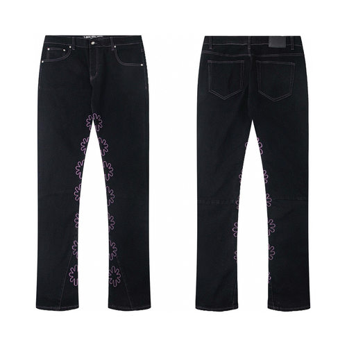 LOSTSHDWS JEANS 太阳花朵重工镂空刺绣美式高街拼接微喇牛仔裤潮