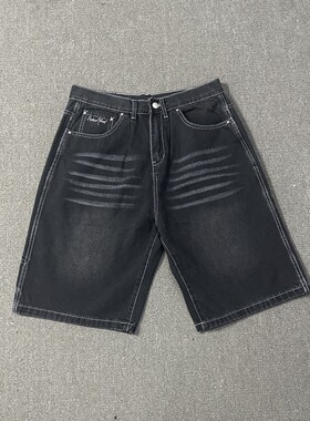 美潮Broken planet 破碎星球刺绣牛仔裤夏季宽松休闲男女直筒短裤