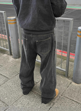 潮牌broken planet美式复古水洗牛仔裤男女同款宽松直筒阔腿长裤