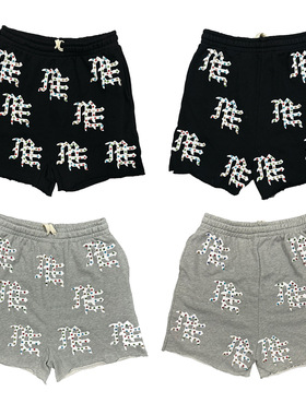 美潮MIXED EMOTION烫钻工艺裤子短裤五分裤毛边重磅棉男女款