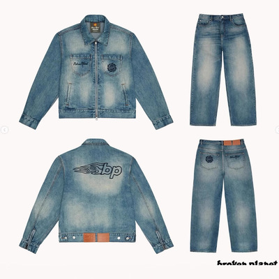 BrokenPlanet美式街头刺绣logo牛仔夹克洗水复古高街男女长裤套装