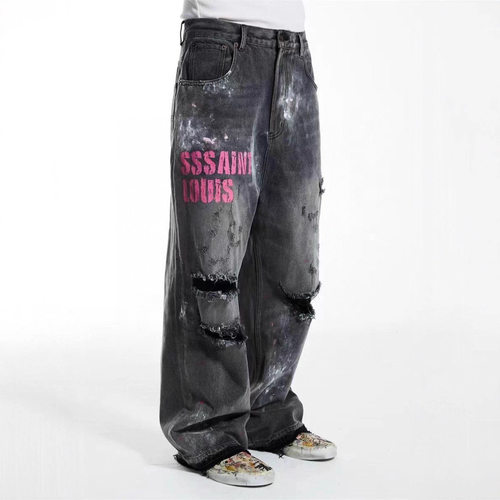 SSSAINT LOUIS 破坏破洞字母牛仔裤直筒中腰休闲裤男女同款美式潮