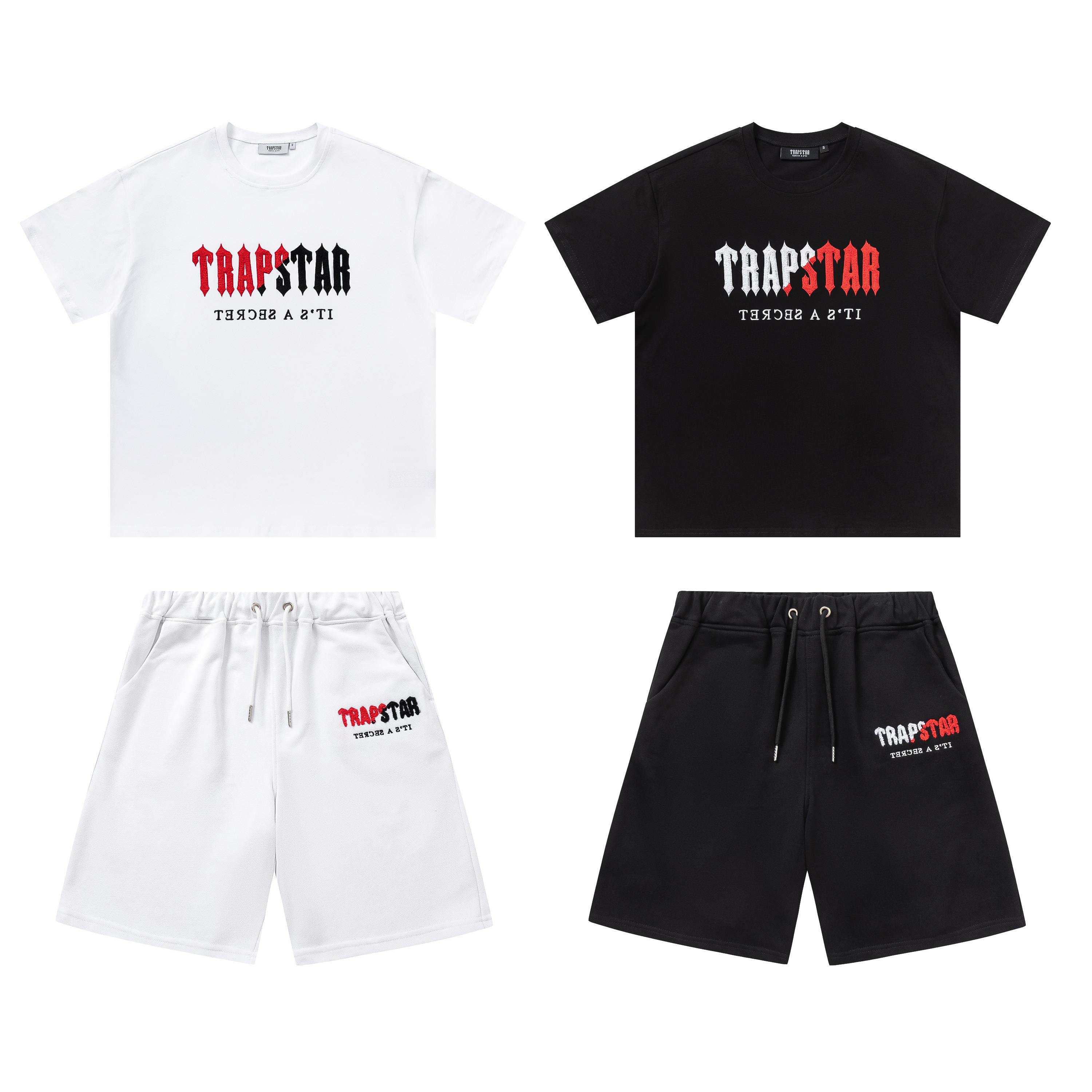 欧美潮牌Trapstar白红字母拼接毛巾刺绣logo青年男女美潮短袖短裤