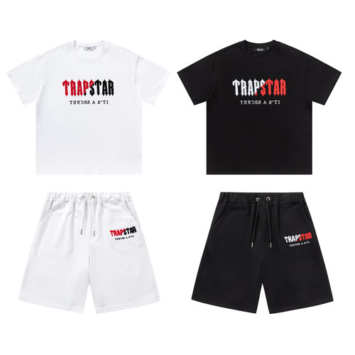 欧美潮牌Trapstar白红字母拼接毛巾刺绣logo青年男女美潮短袖短裤