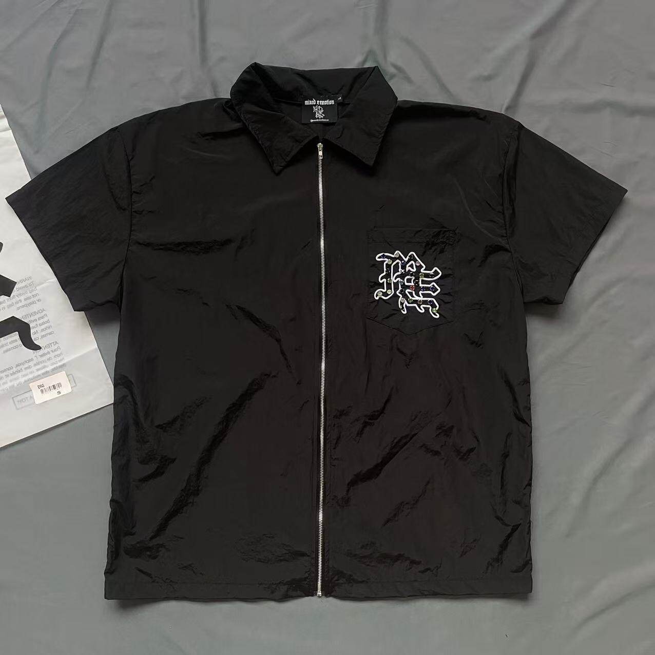 MIXED EMOTION刺绣烫钻宽松休闲短袖衬衫拉链复古男女潮牌衬衣 夏