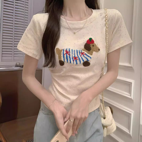 立体植绒刺绣狗狗短袖t恤女夏季感彩虹波点正肩体恤短款上衣