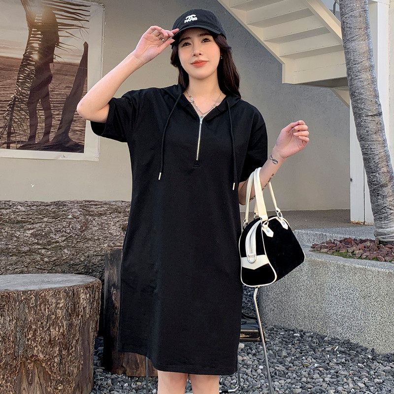 宽松显瘦裙子连帽韩版拉链中长款