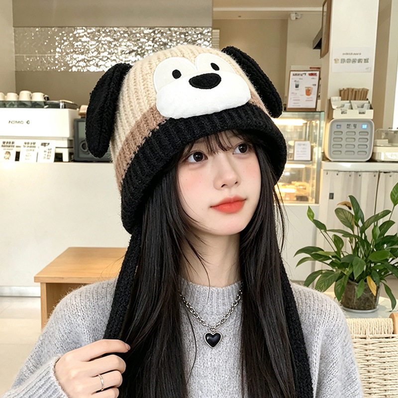 秋冬季户外保暖护耳帽子女卡通可爱小狗套头针织帽甜美时尚毛线帽