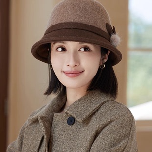 羊毛呢渔夫帽女秋冬季韩版百搭中老年人保暖优雅英伦复古盆帽礼帽