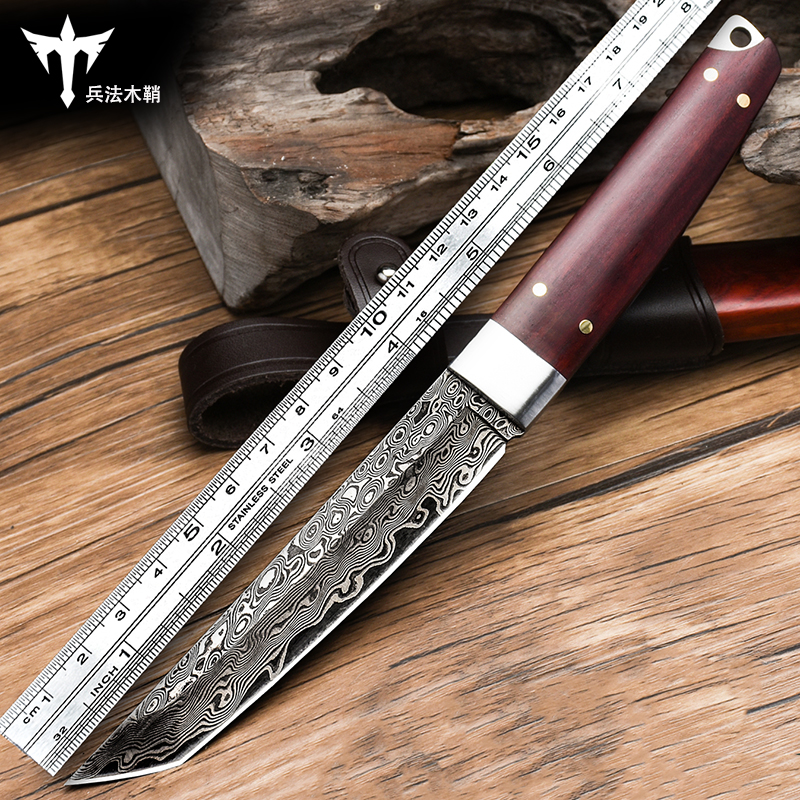 狼瑔大马士革钢刀户外直刀战术格斗刀具防身野外求生刀荒野生存刀