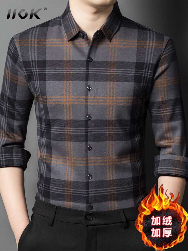 IIOK秋冬季羊毛衬衫男士长袖中年格子保暖爸爸装加绒加厚衬衣新款