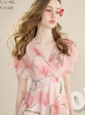 号手161036新款泳衣女法式浪漫风印花连体裙式大码加肥度假游泳装