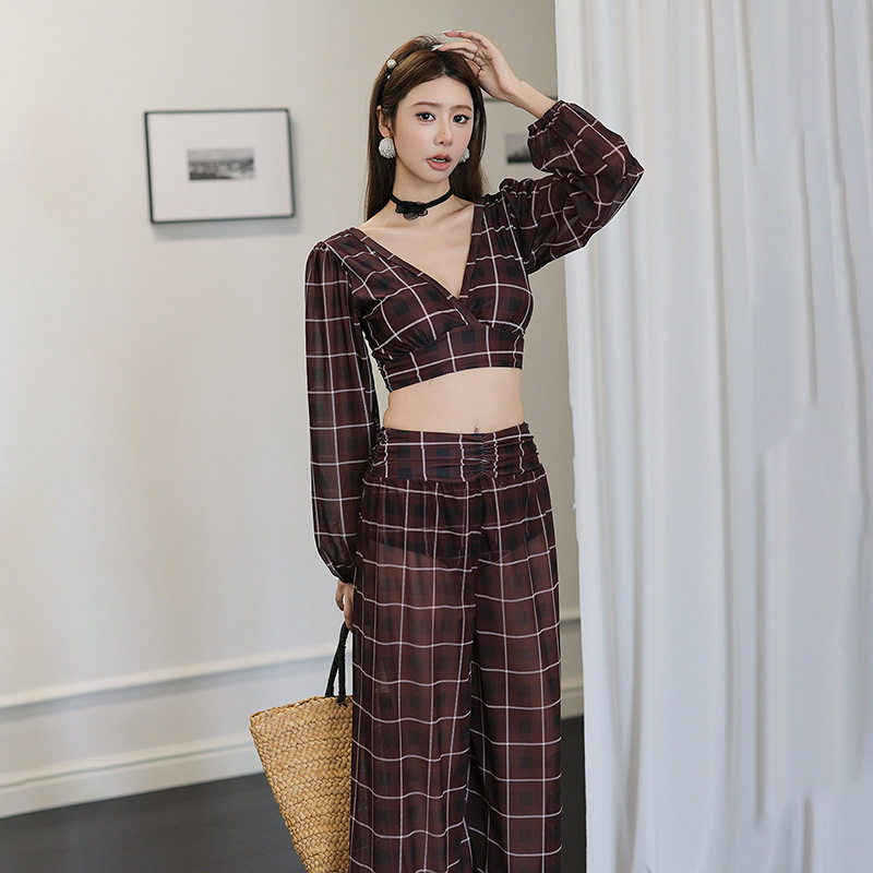 复古格子气质泳衣女款分体平角长裤长袖性感辣妹三件套度假泡温泉,运动/瑜伽/健身/球迷用品,分体泳衣,淘宝优惠券,粉丝福利购,淘宝优惠卷