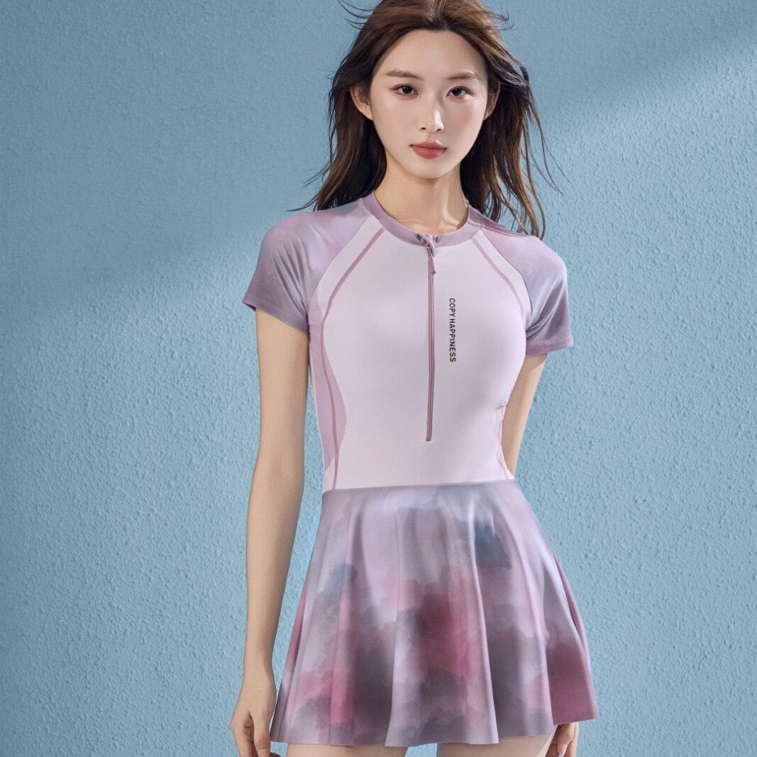 颖熙梦60031新款成人连体裙式泳衣女2026年保守显瘦遮肚短袖泳装