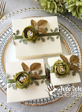 则礼 牡丹花结婚喜糖盒 精致糖果包装网红婚礼盒子绿色免折叠空盒