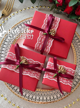 则礼 简约蝴蝶结喜糖盒小号 婚礼盒子韩式结婚礼盒红色免折叠空盒
