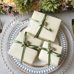 结婚礼盒白绿色免折叠空盒 婚礼盒子韩式 则礼 简约蝴蝶结喜糖盒