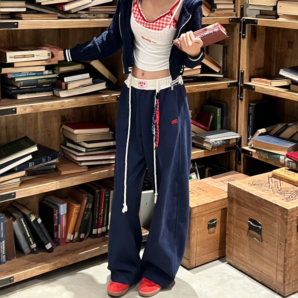 韩国单美式复古撞色加绒卫裤女小众潮牌宽松阔腿直筒裤Jennie同款